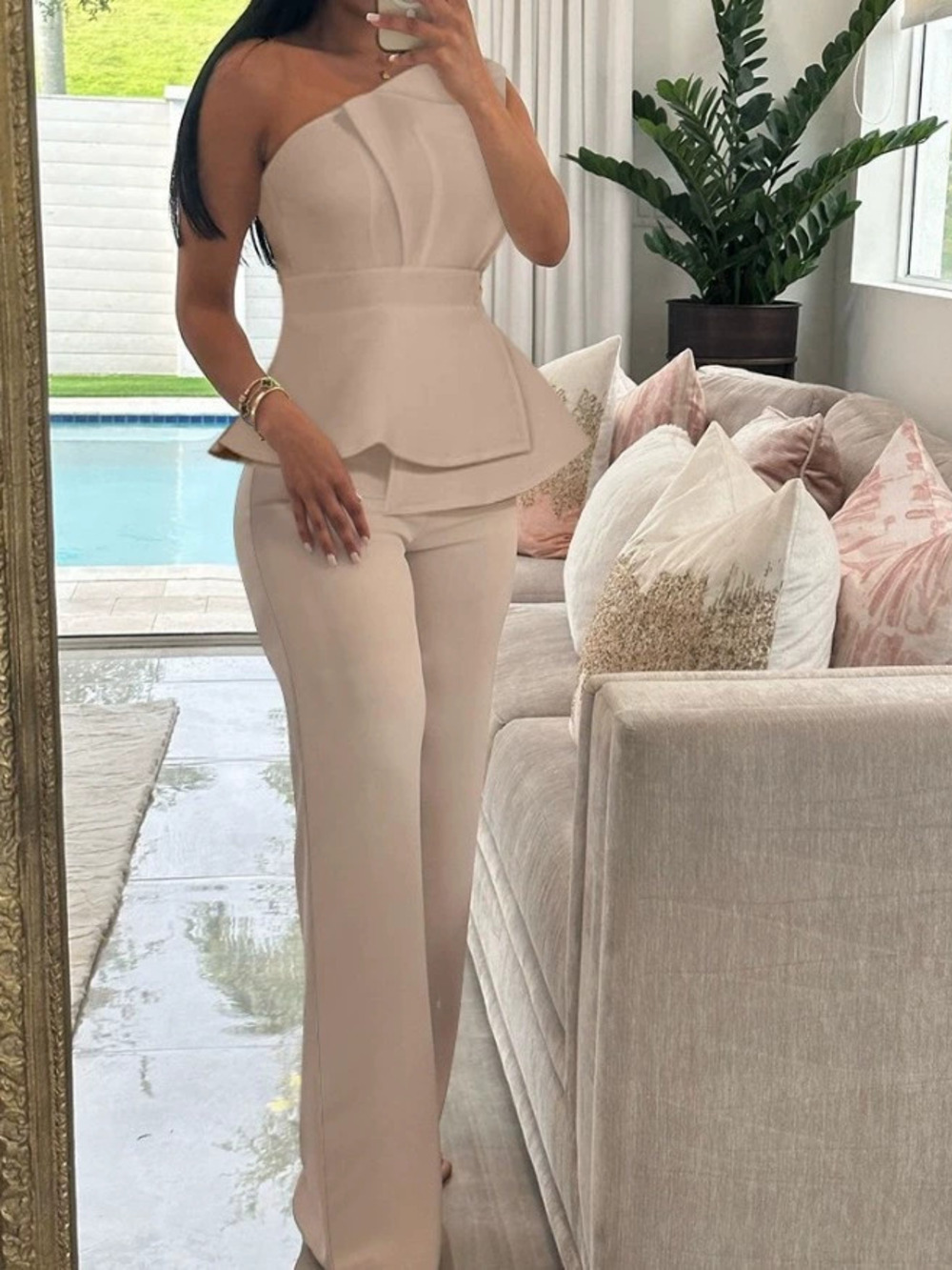 ZARA Colorblock One Shoulder Top and Solid Casual Straight Leg Pants Set